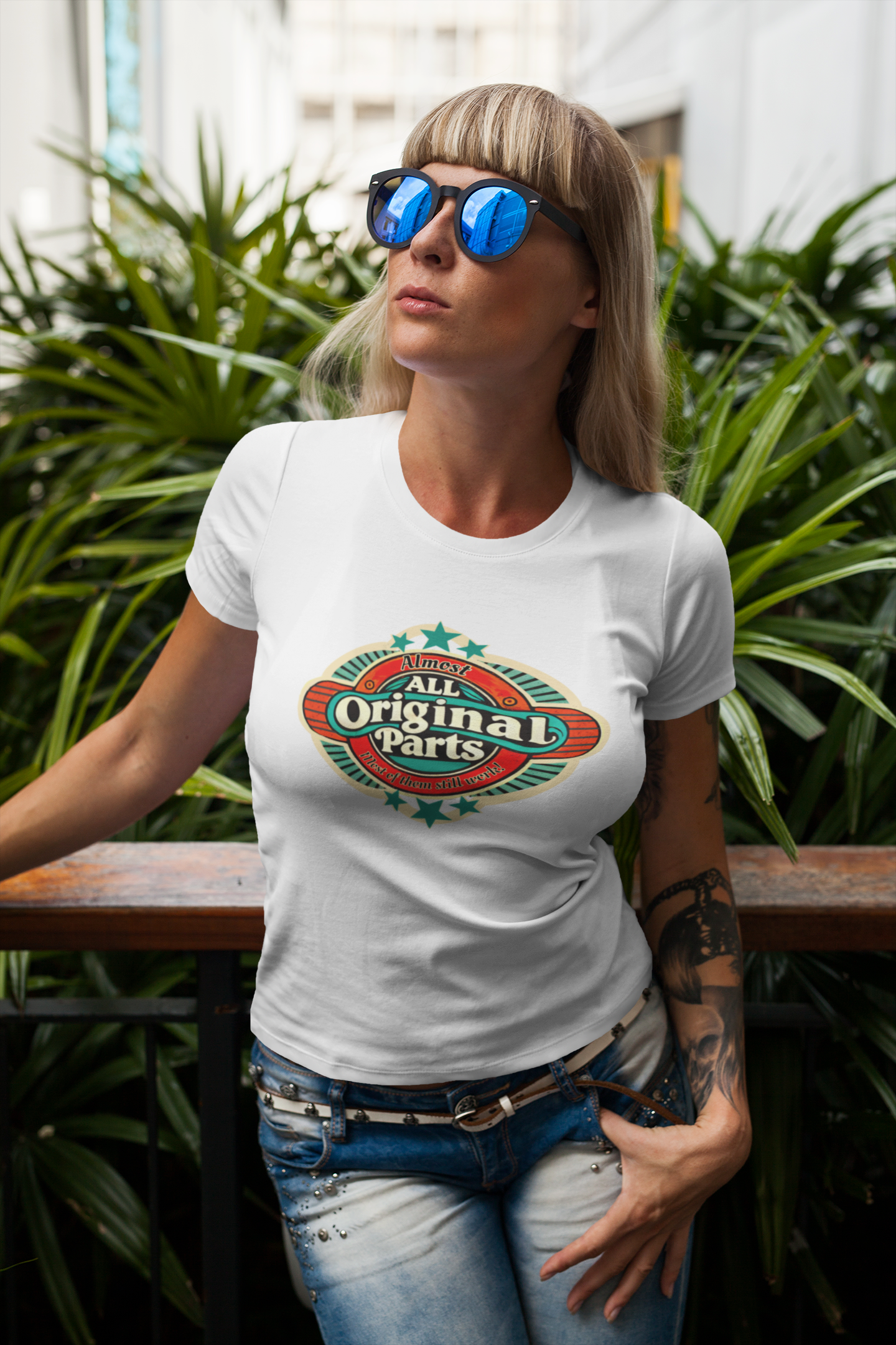t-shirt-mockup-featuring-a-stylish-tattooed-woman-with-sunglasses-Almost All Original Parts T in White