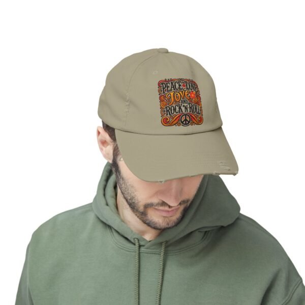 Peace, Love & Rock 'n' Roll Unisex Distressed Cap | Retro Hat, Gift for Music Lovers, Festival Accessory, Bohemian Style, Unique Cap - Image 4