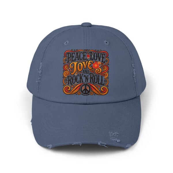 Peace, Love & Rock 'n' Roll Unisex Distressed Cap | Retro Hat, Gift for Music Lovers, Festival Accessory, Bohemian Style, Unique Cap - Image 5