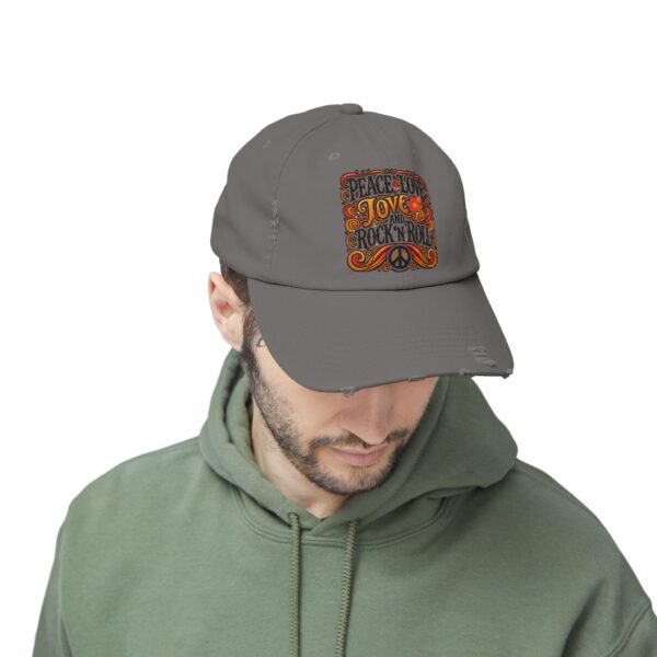 Peace, Love & Rock 'n' Roll Unisex Distressed Cap | Retro Hat, Gift for Music Lovers, Festival Accessory, Bohemian Style, Unique Cap - Image 8