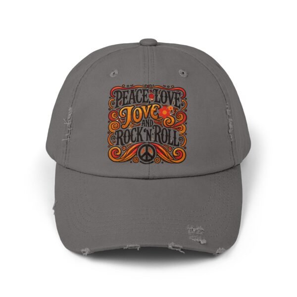 Peace, Love & Rock 'n' Roll Unisex Distressed Cap | Retro Hat, Gift for Music Lovers, Festival Accessory, Bohemian Style, Unique Cap - Image 7