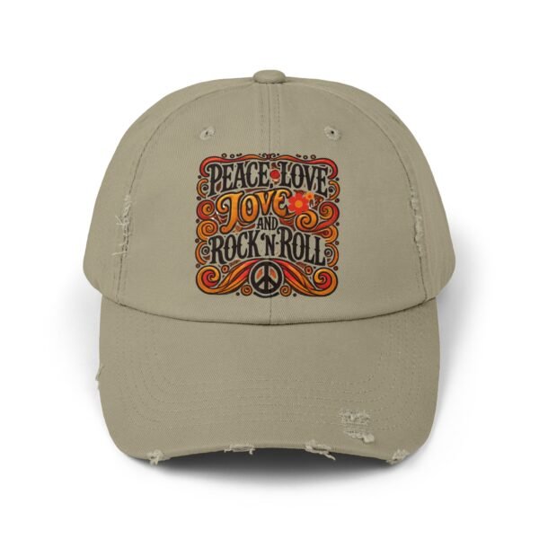 Peace, Love & Rock 'n' Roll Unisex Distressed Cap | Retro Hat, Gift for Music Lovers, Festival Accessory, Bohemian Style, Unique Cap - Image 3