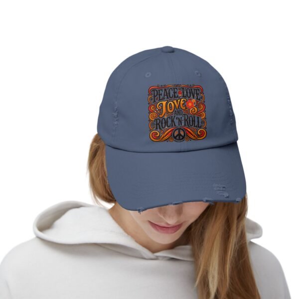 Peace, Love & Rock 'n' Roll Unisex Distressed Cap | Retro Hat, Gift for Music Lovers, Festival Accessory, Bohemian Style, Unique Cap - Image 6