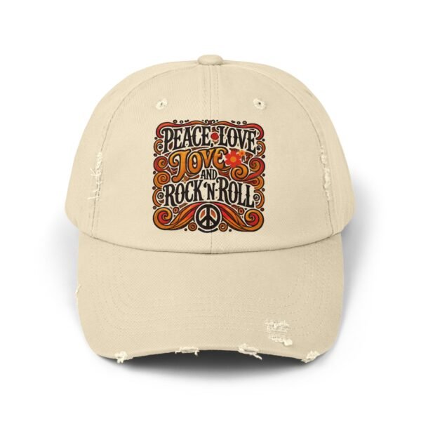Peace, Love & Rock 'n' Roll Unisex Distressed Cap | Retro Hat, Gift for Music Lovers, Festival Accessory, Bohemian Style, Unique Cap - Image 2