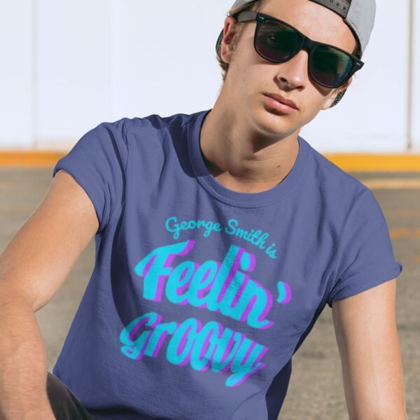 Young man with a laid-back vibe wearing Feelin’ Groovy personalized t-shirt