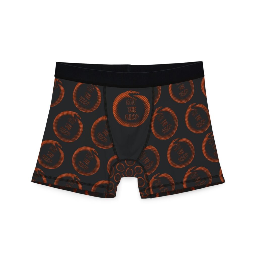 Black Bohemian Grove briefs with bold orange ouroboros snake graphic