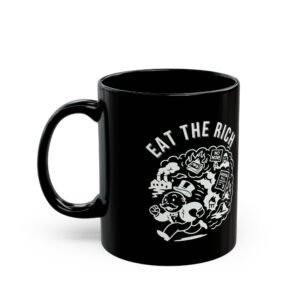 Black ceramic mug with white graphic of a vintage capitalist running from a swirling cloud of economic collapse, with curved “Eat the Rich” text above.