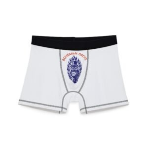 white Bohemian Grove briefs featuring navy burning owl design