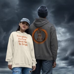 couple in front to story sky in Orqange Eat The RichOurobouros hoodie Natural and Gray