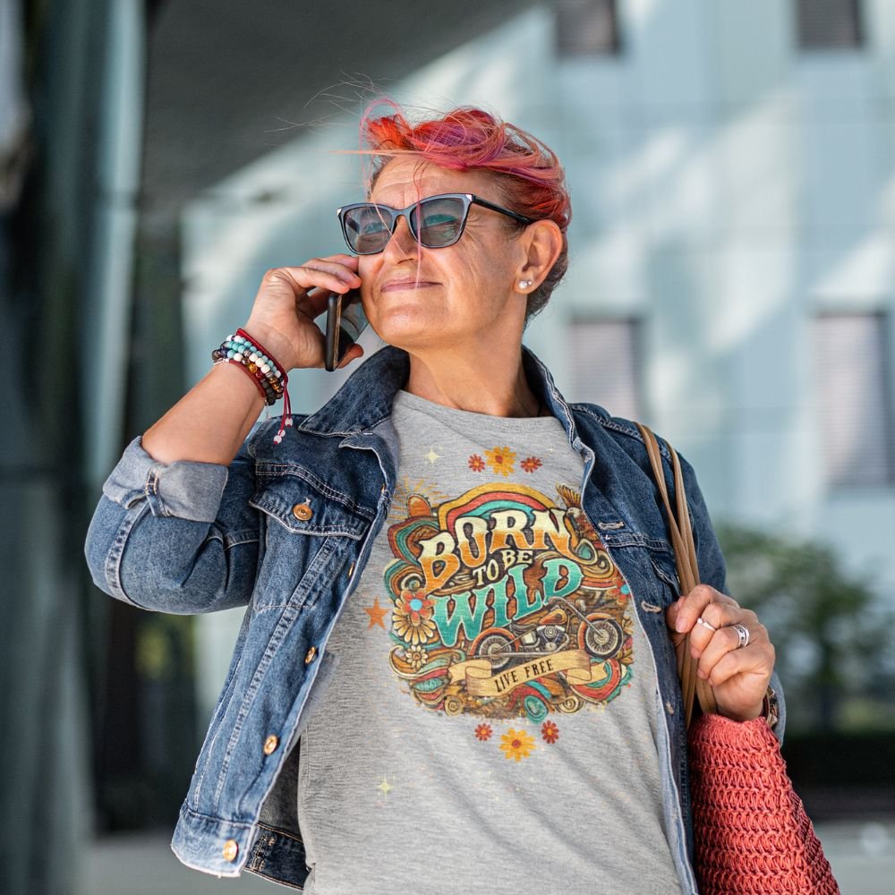 Redheaded Boomer woman wearing Born to Be Wild retro biker tee – 70s lifestyle mockup
