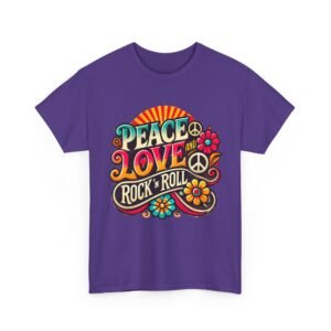 Peace, Love & Rock ’n’ Roll – Groovy Rainbow Lettering T-Shirt