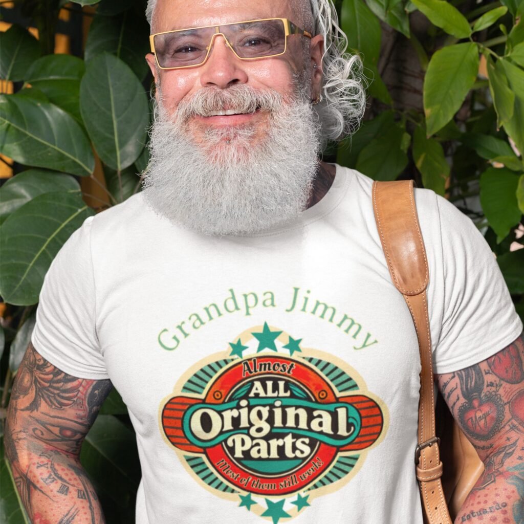 Older man in Almost original parts T-shirt
