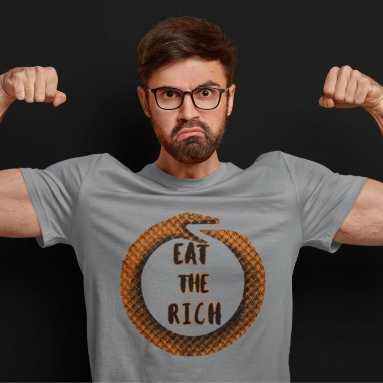 Man Flexes Muscles in Orange Ouroboros t- shirt Gray