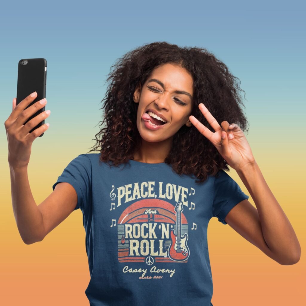 Cute Young woman gives peace sign in Peace Love and Rock In Roll t shirt