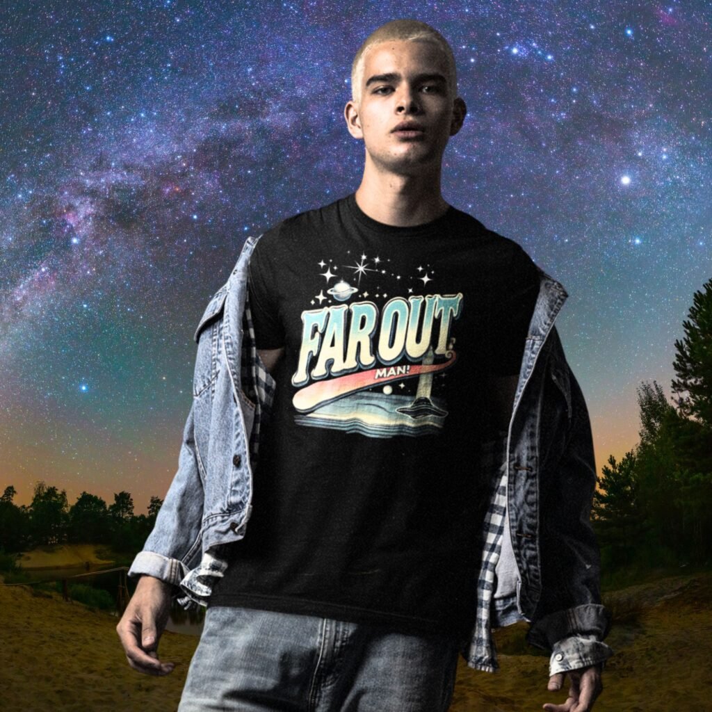 Young man in a far out t shirt under a starry night sky