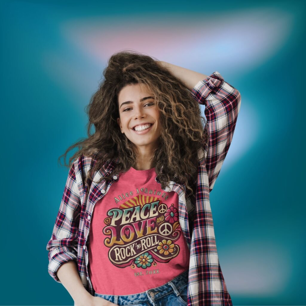 Wild haired woman in Peace Love and R n R t shirt