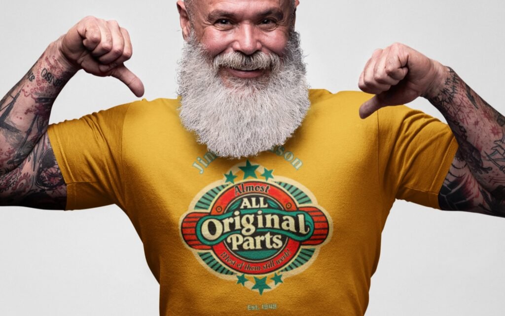 Senior man in gold T shirt Almost All Original Parts