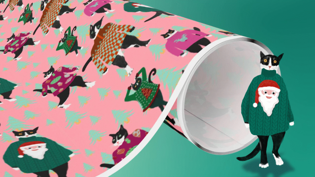 Tuxedo cats wear Ugly Christmas Sweaters holiday wrapping paper