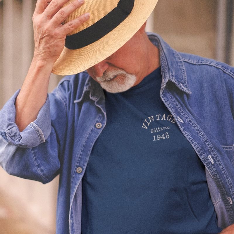 man with hat in blue 1946 vintage edition