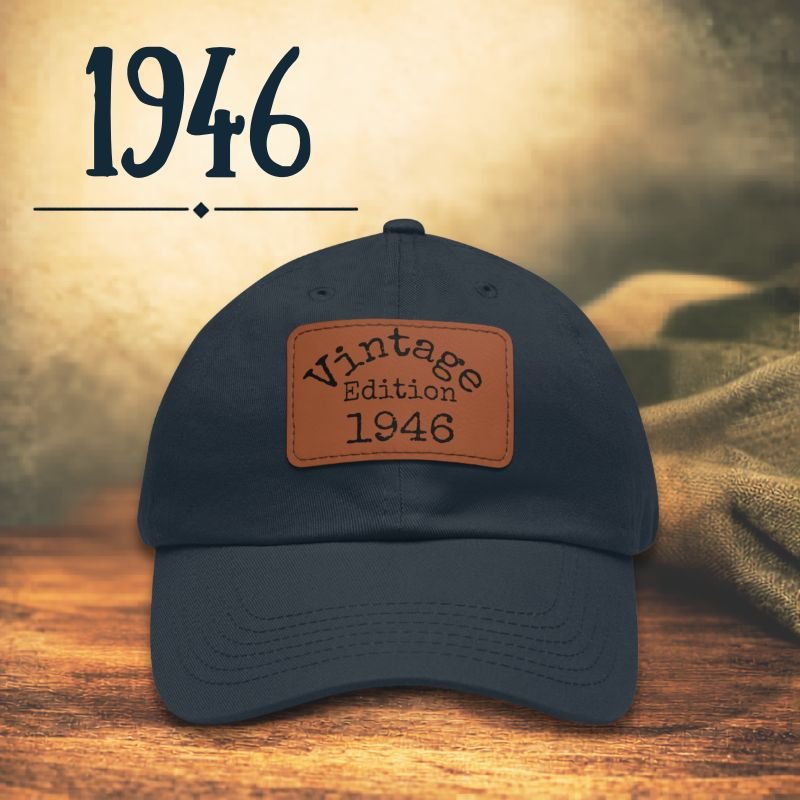 mock up of 1946 vintage edition hat with brown leather patch