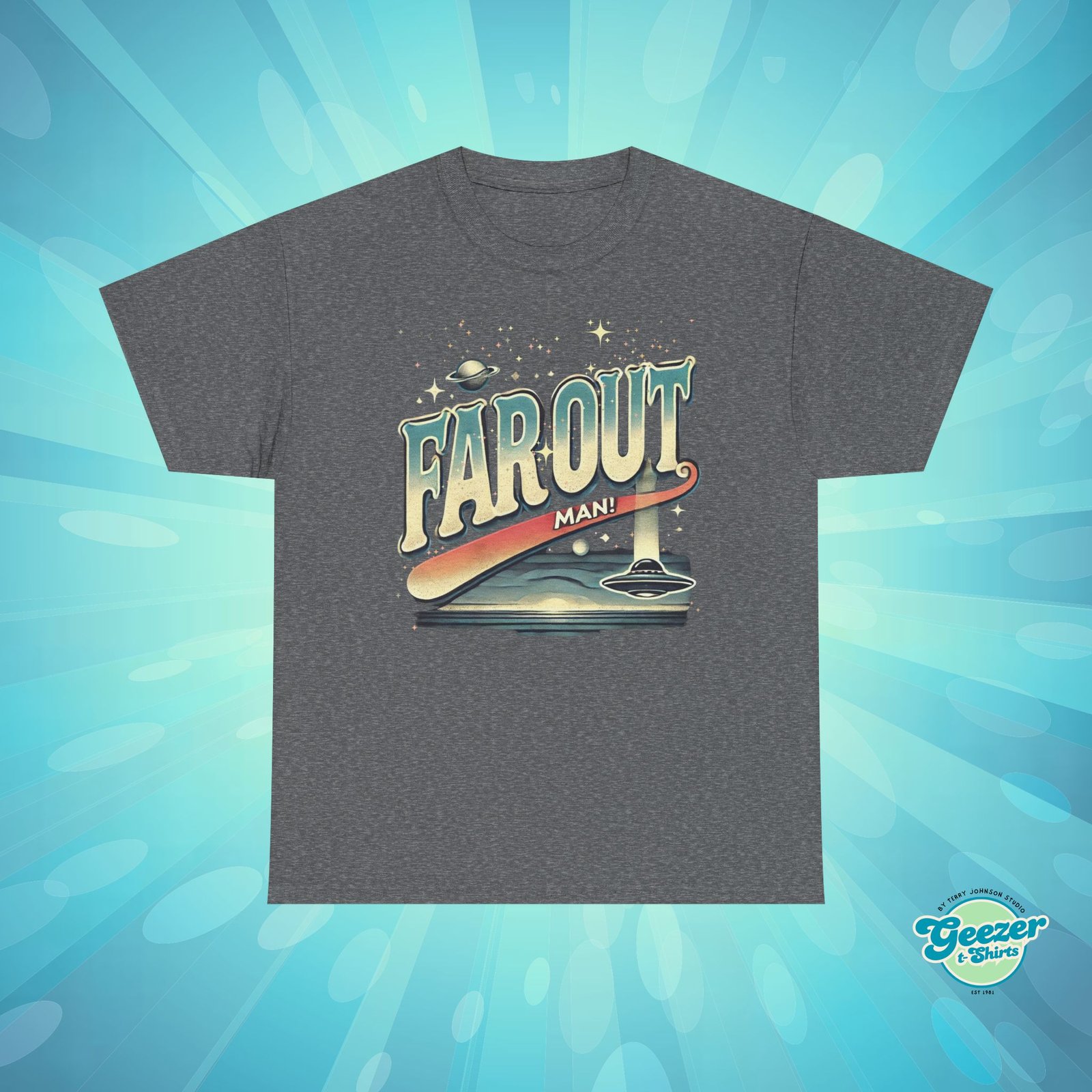 Far Out Man! Retro Flying Saucer T-Shirt – 70s Slogan Sci-Fi Gift - Image 3