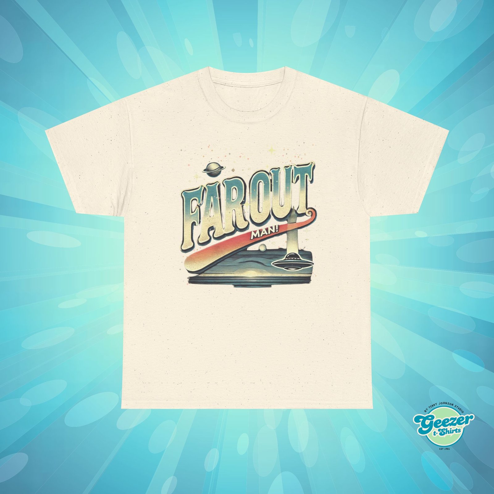 Far Out Man! Retro Flying Saucer T-Shirt – 70s Slogan Sci-Fi Gift