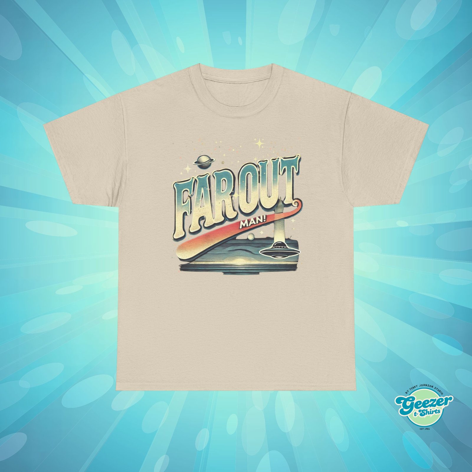 Far Out Man! Retro Flying Saucer T-Shirt – 70s Slogan Sci-Fi Gift - Image 7