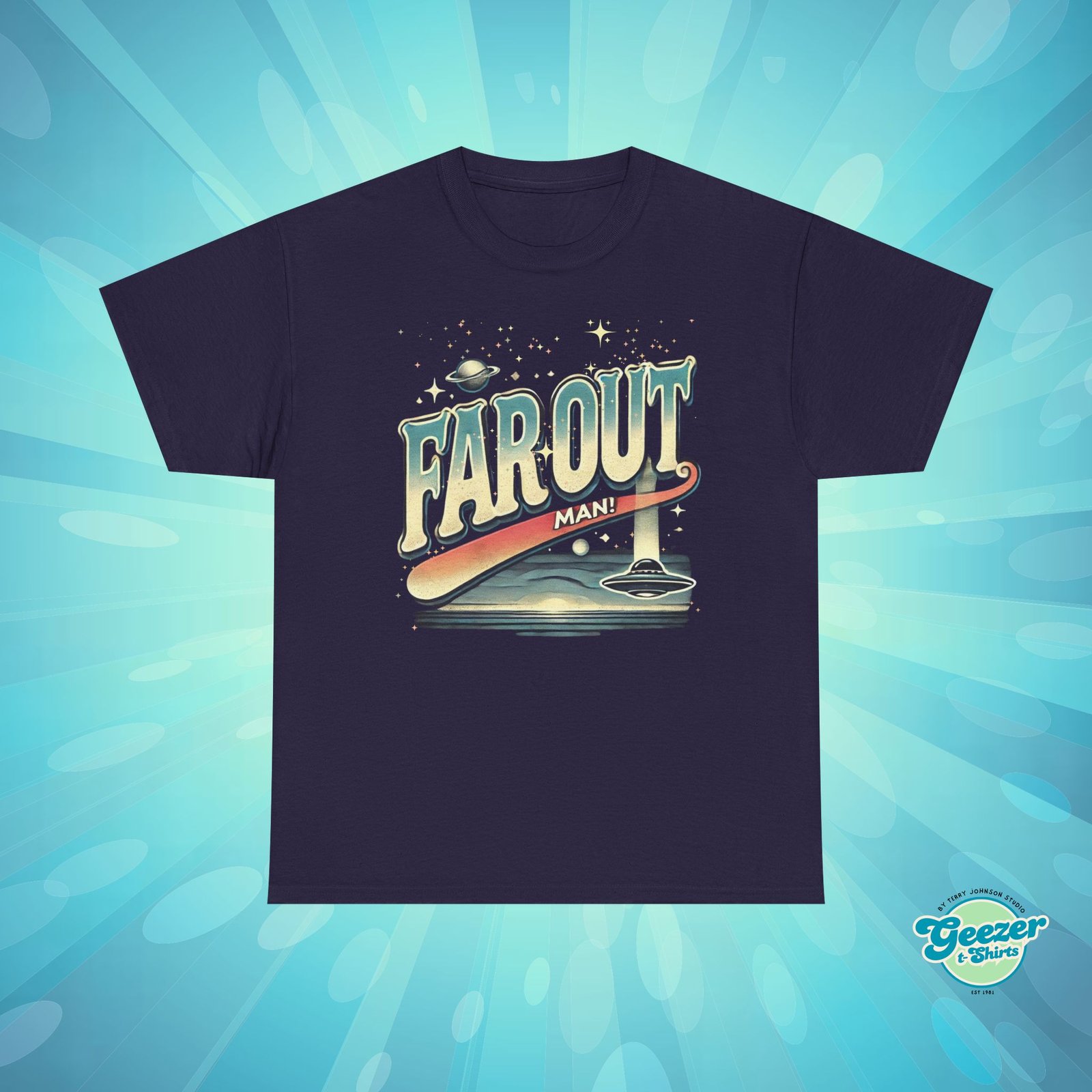 Far Out Man! Retro Flying Saucer T-Shirt – 70s Slogan Sci-Fi Gift - Image 9