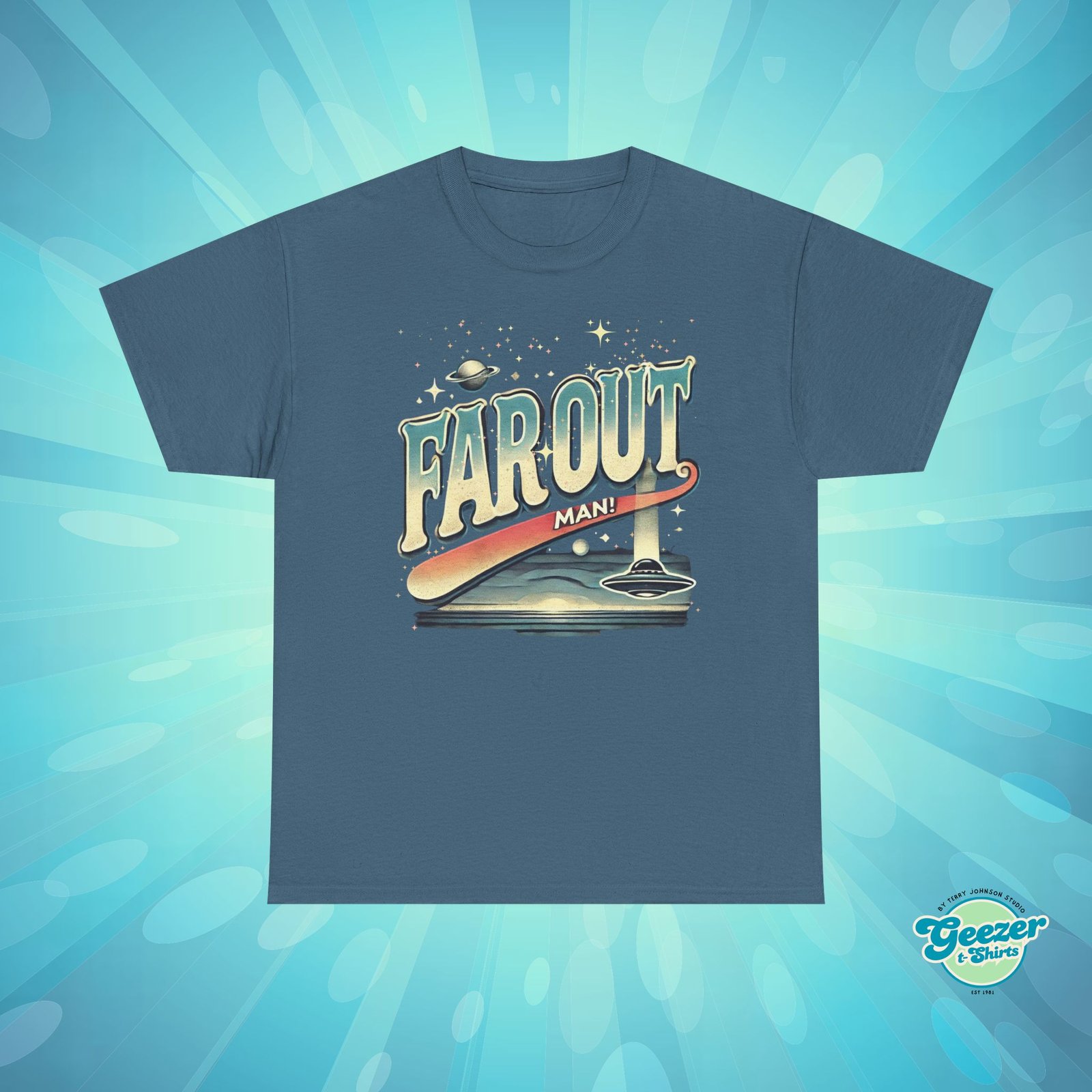 Far Out Man! Retro Flying Saucer T-Shirt – 70s Slogan Sci-Fi Gift - Image 5