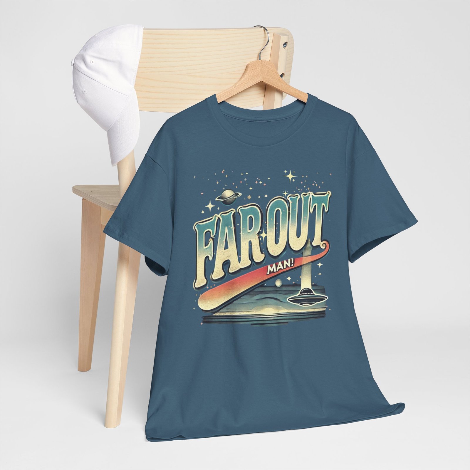Far Out Man! Retro Flying Saucer T-Shirt – 70s Slogan Sci-Fi Gift - Image 6
